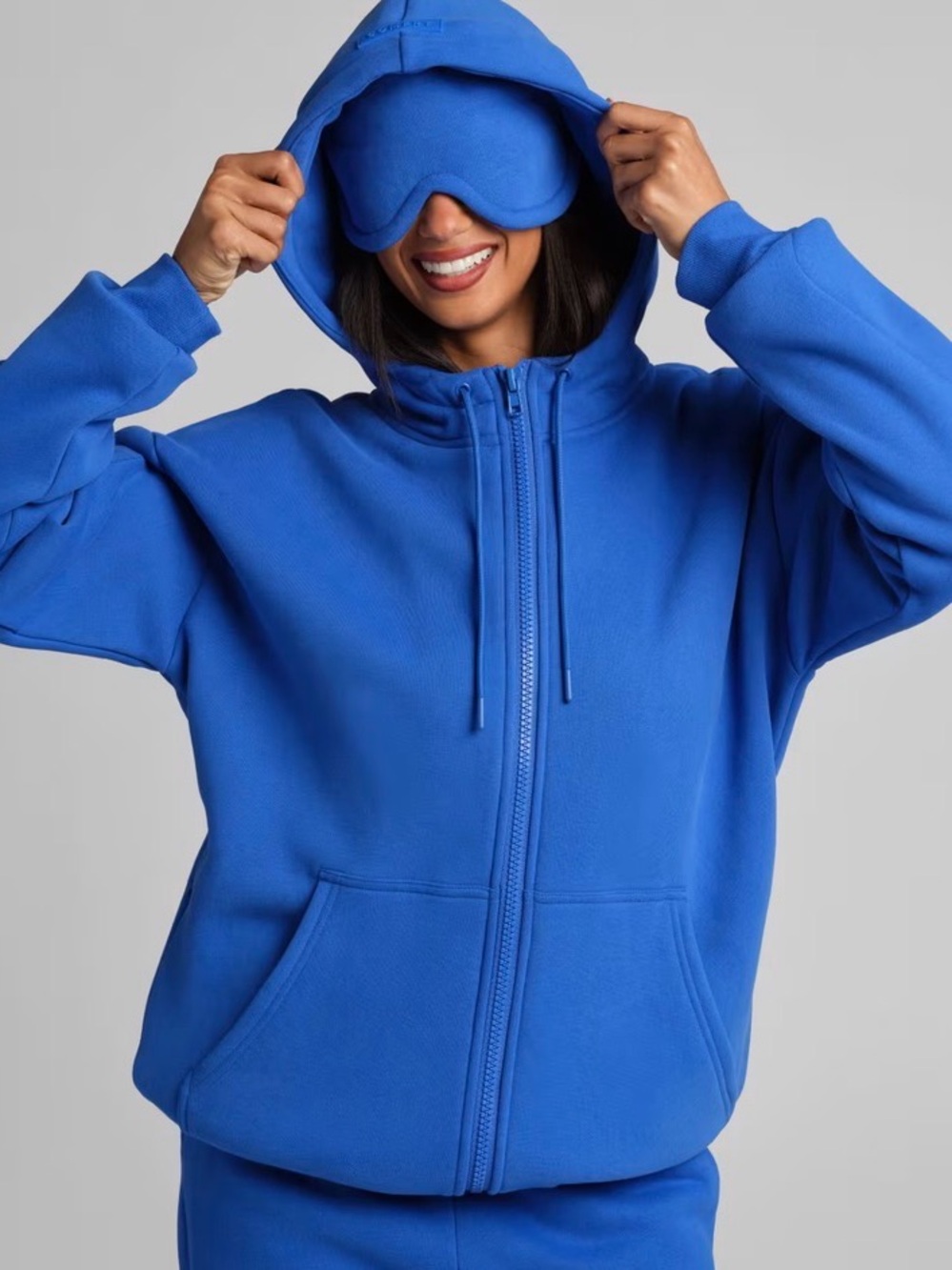 Women's Electric Blue Full-Zip Hoodie with Hooded Sleep Mask